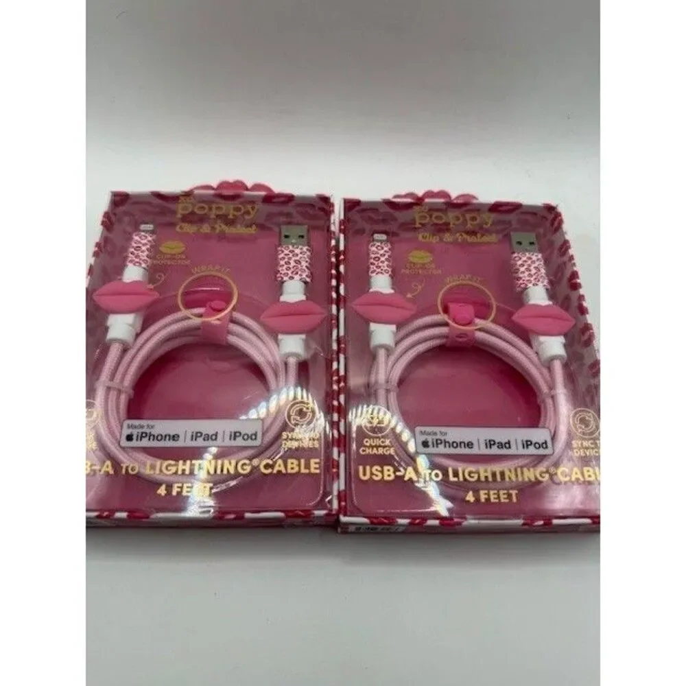 XO Poppy USB A Cable 4ft iPhone Charger Pink Lips Lot of 2